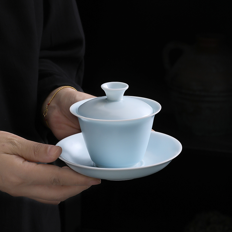 汝窑素面三才盖碗功夫茶具套装 德化陶瓷商务礼品定制