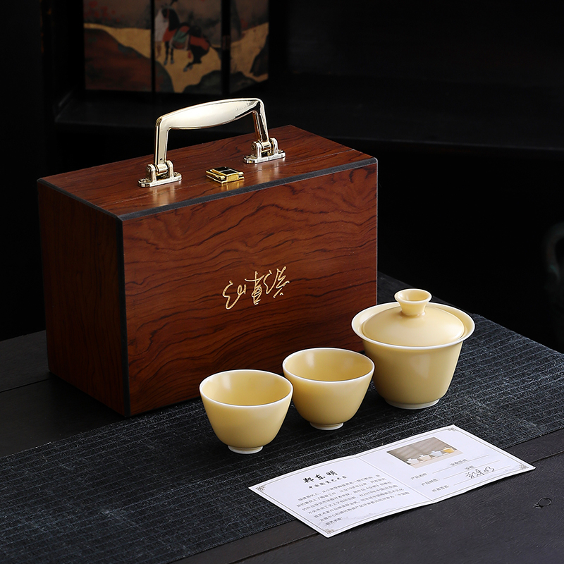 汝窑一碗两杯便携盖碗茶具套装 德化陶瓷户外旅行定制