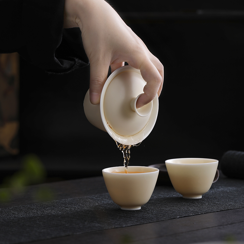 汝窑一碗两杯便携盖碗茶具套装 德化陶瓷户外旅行定制