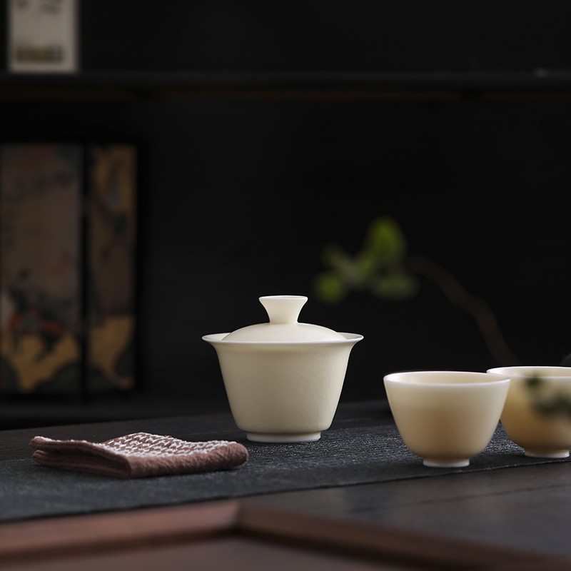 汝窑一碗两杯便携盖碗茶具套装 德化陶瓷户外旅行定制