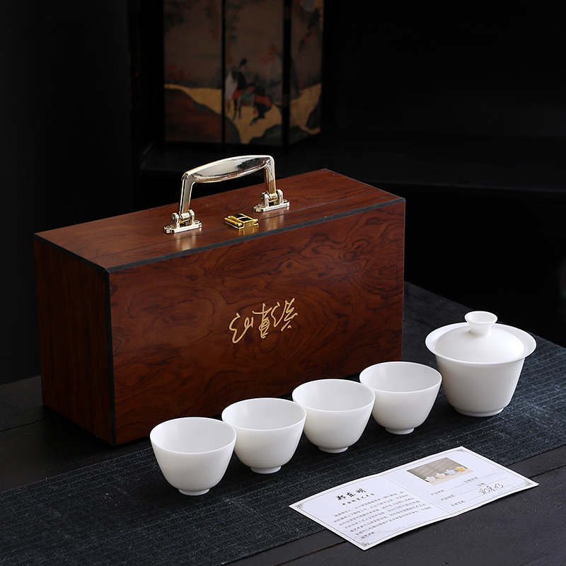 汝窑一碗四杯三才盖碗茶具套装 德化陶瓷功夫茶具定制