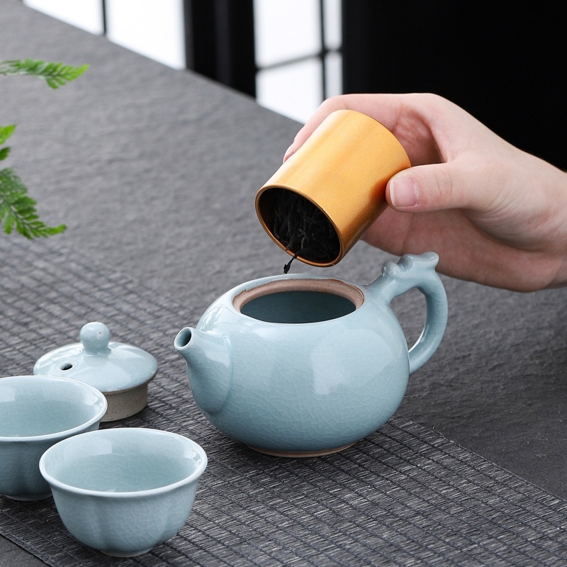 哥窑旅行茶具套装 便携皮质礼盒德化陶瓷户外茶具定制