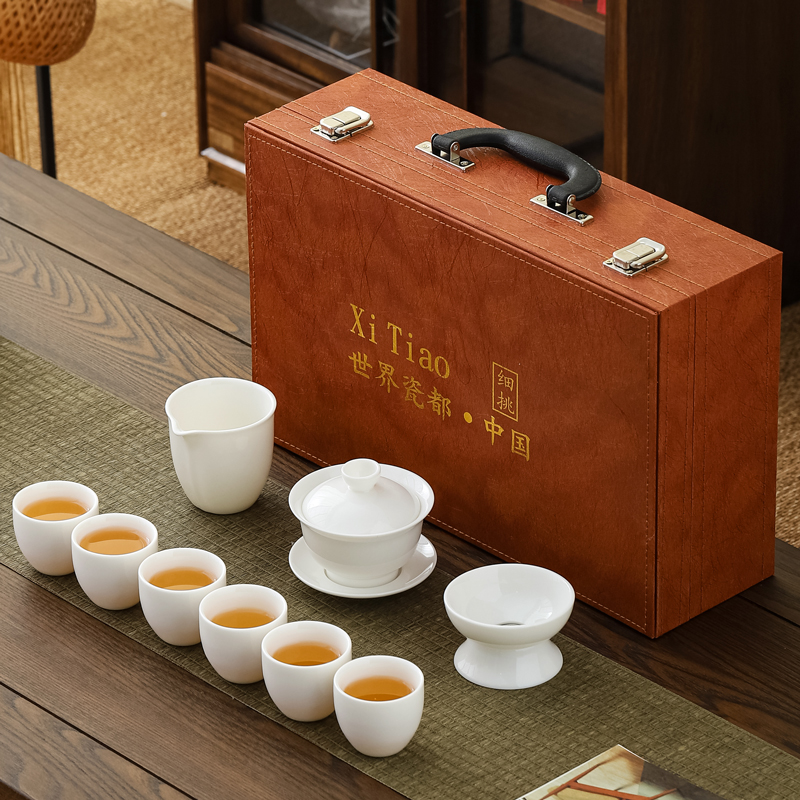 羊脂玉瓷盖碗茶具套装 德化陶瓷整套功夫茶具商务定制