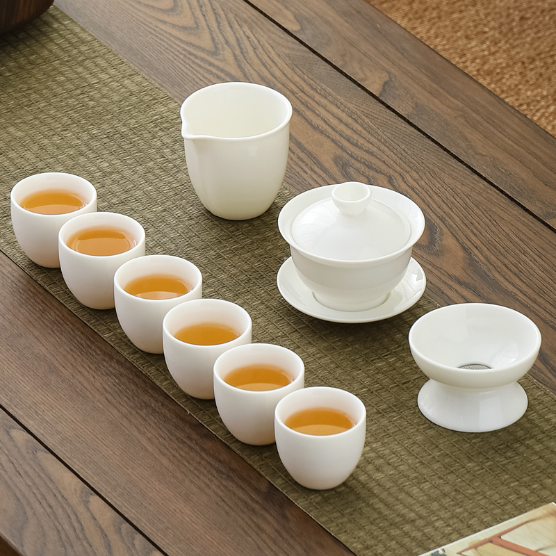 羊脂玉瓷盖碗茶具套装 德化陶瓷整套功夫茶具商务定制