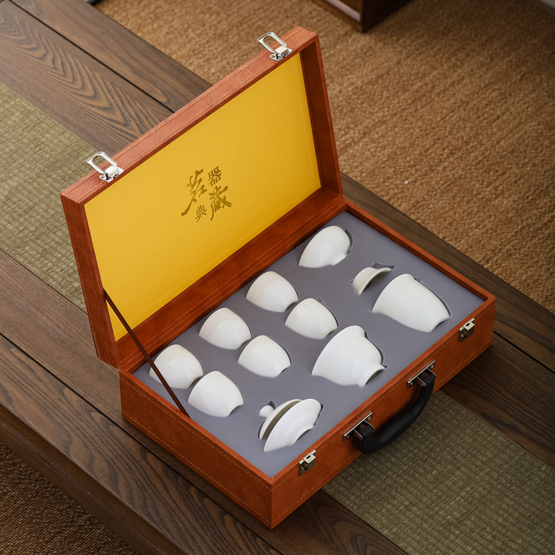 羊脂玉瓷盖碗茶具套装 德化陶瓷整套功夫茶具商务定制