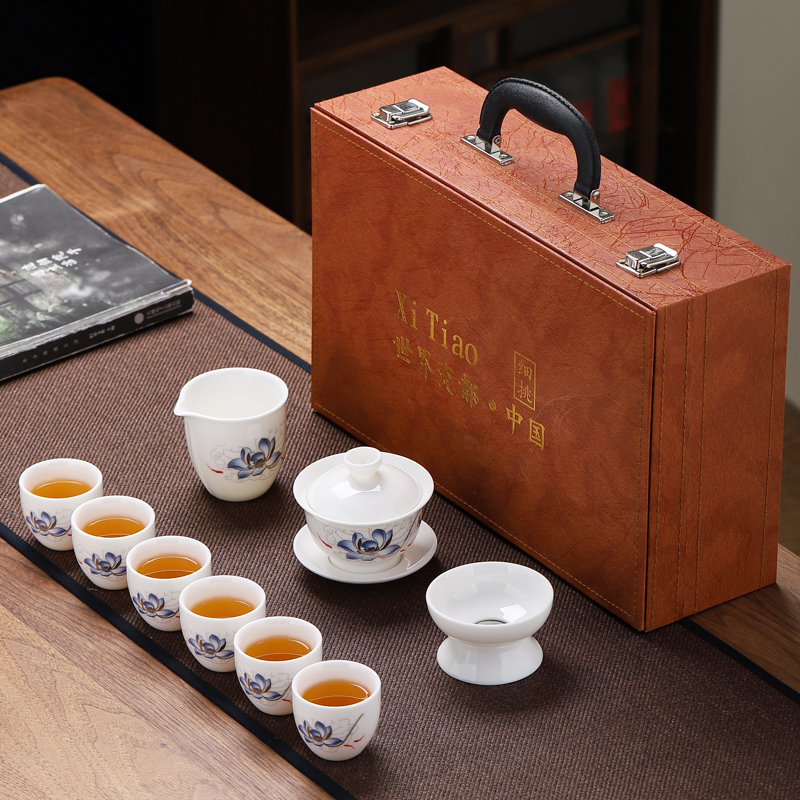 羊脂玉瓷功夫茶具套装 多花色礼盒装德化陶瓷商务定制