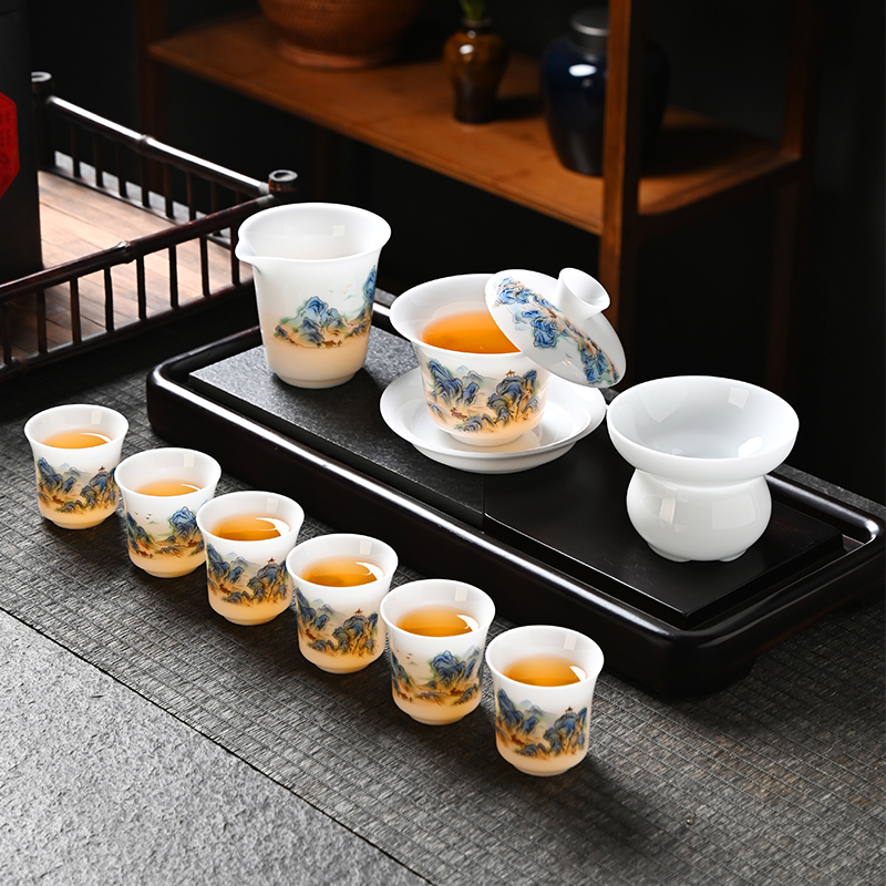 冰种手绘青竹功夫茶具套装 德化陶瓷盖碗茶杯商务定制