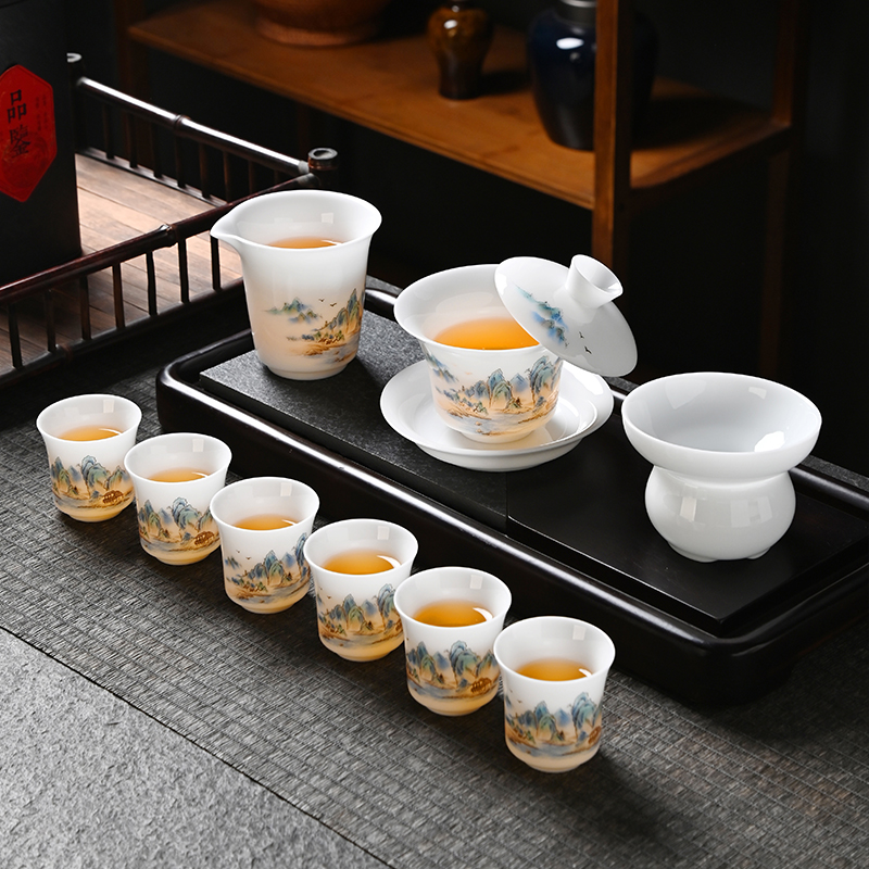 冰种手绘青竹功夫茶具套装 德化陶瓷盖碗茶杯商务定制