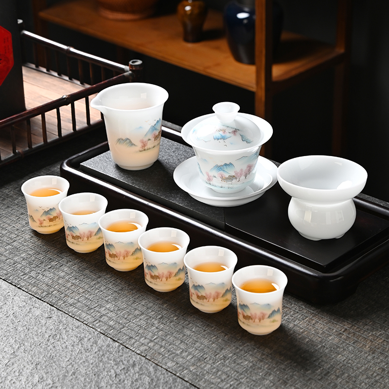 冰种手绘青竹功夫茶具套装 德化陶瓷盖碗茶杯商务定制