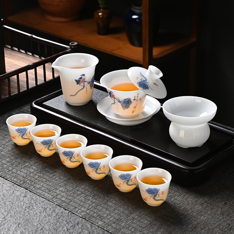 冰种手绘青竹功夫茶具套装 德化陶瓷盖碗茶杯商务定制