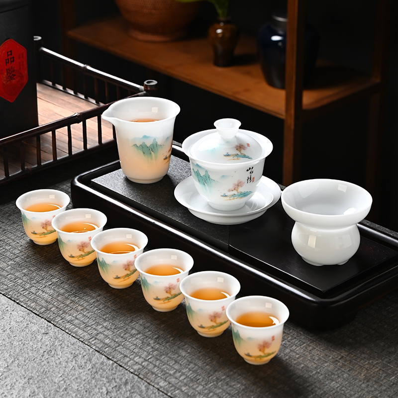 冰种手绘青竹功夫茶具套装 德化陶瓷盖碗茶杯商务定制