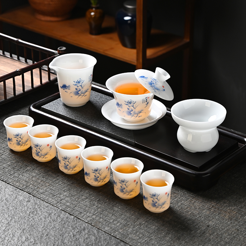 冰种手绘青竹功夫茶具套装 德化陶瓷盖碗茶杯商务定制
