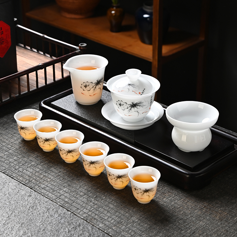 冰种手绘青竹功夫茶具套装 德化陶瓷盖碗茶杯商务定制