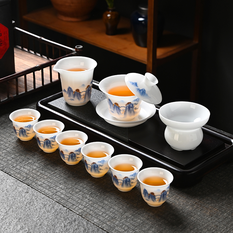 冰种手绘青竹功夫茶具套装 德化陶瓷盖碗茶杯商务定制