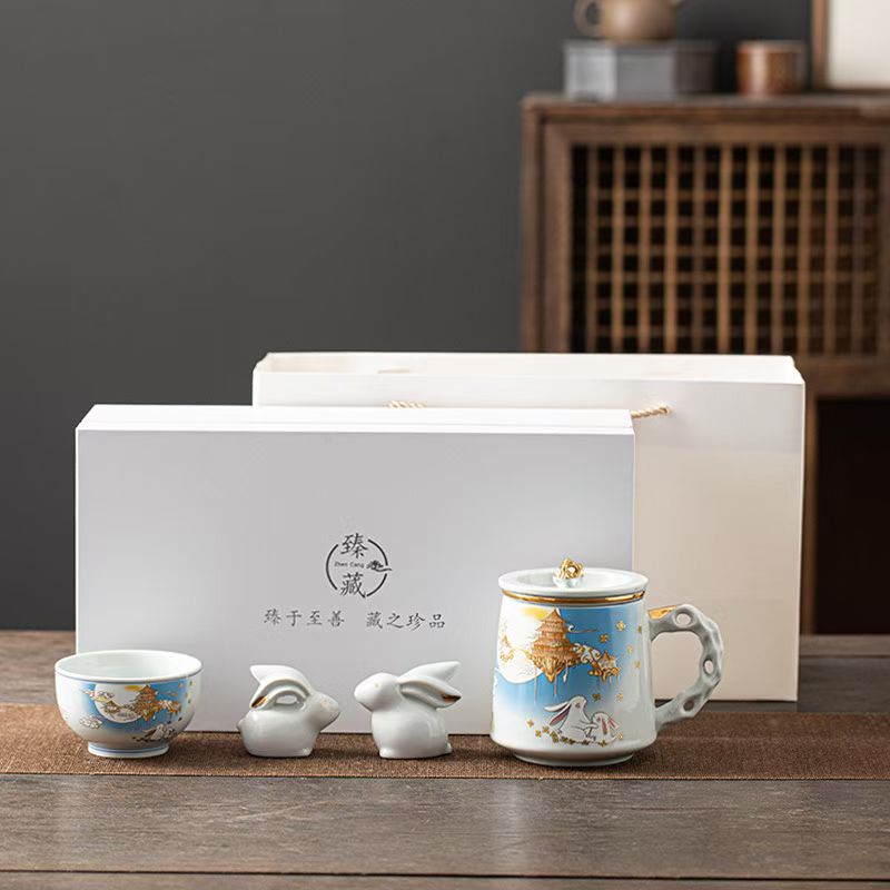 玉兔望月中秋办公杯茶具套装 德化陶瓷节日礼品定制