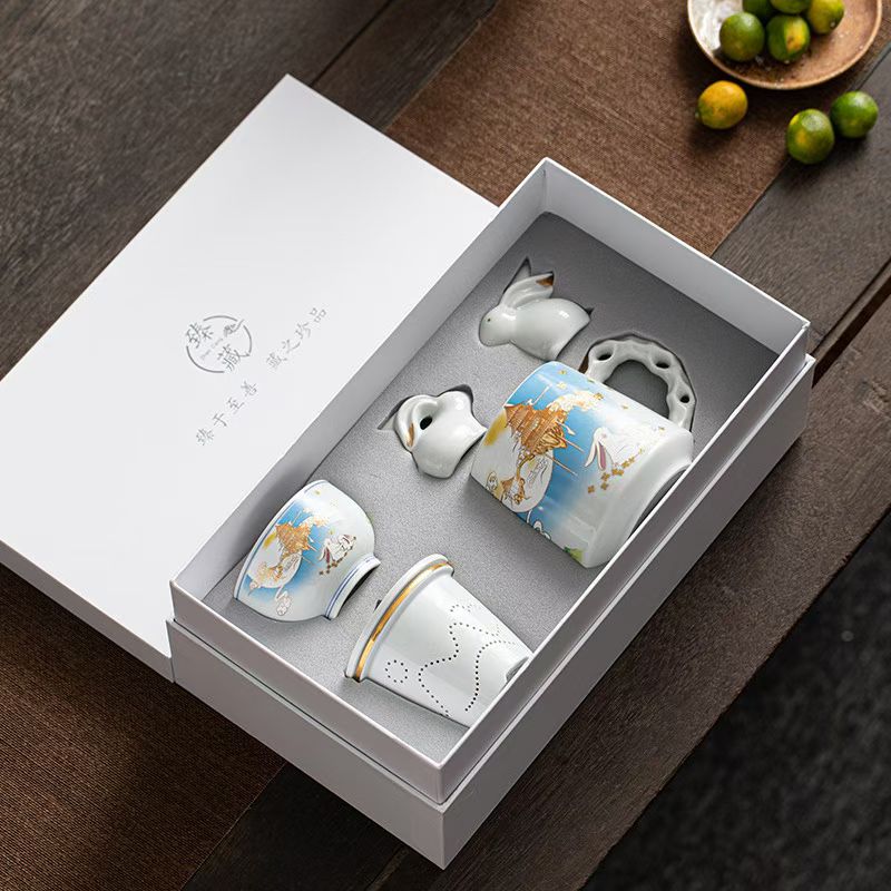 玉兔望月中秋办公杯茶具套装 德化陶瓷节日礼品定制