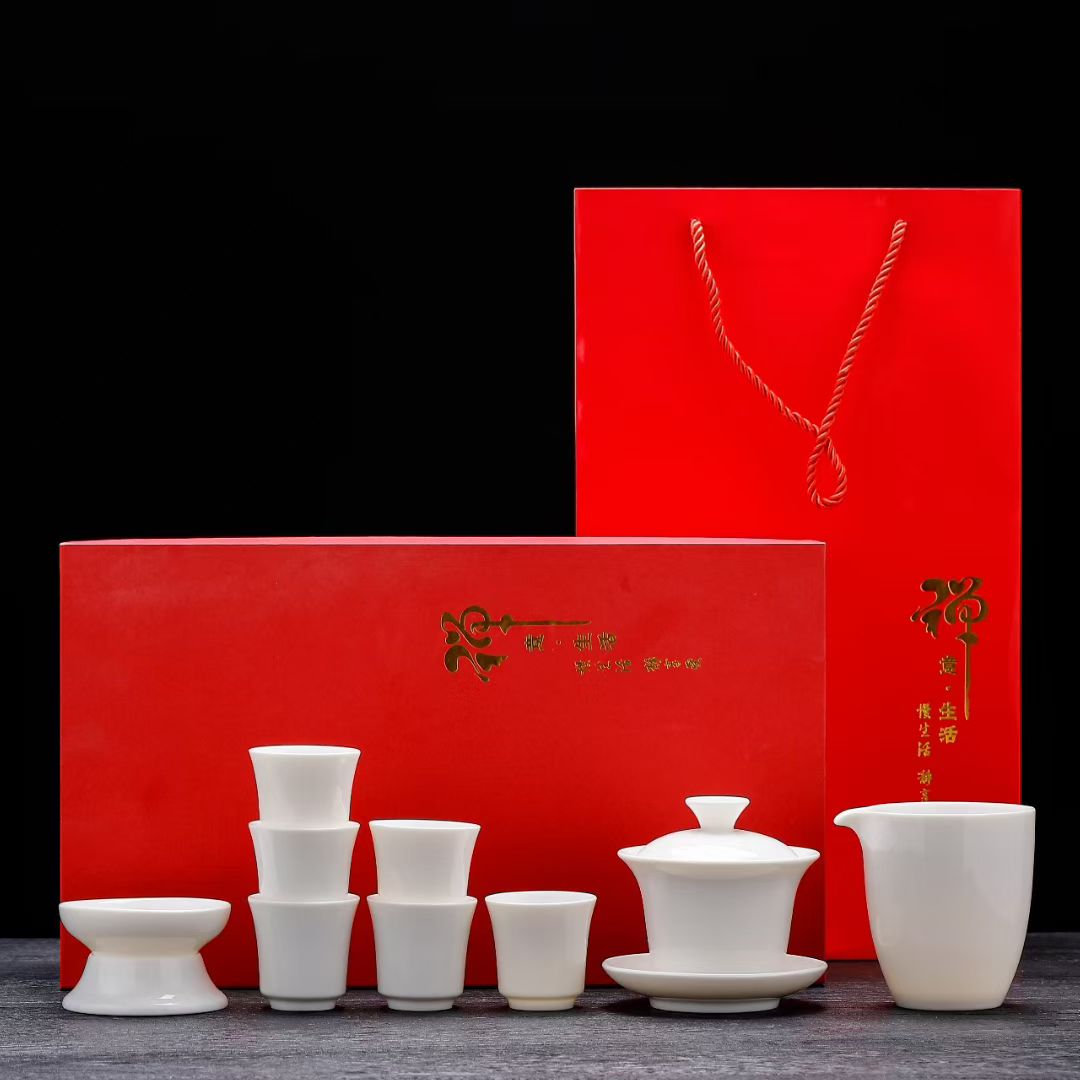 中国白德化白瓷功夫茶具套装 盖碗茶杯整套商务礼品定制