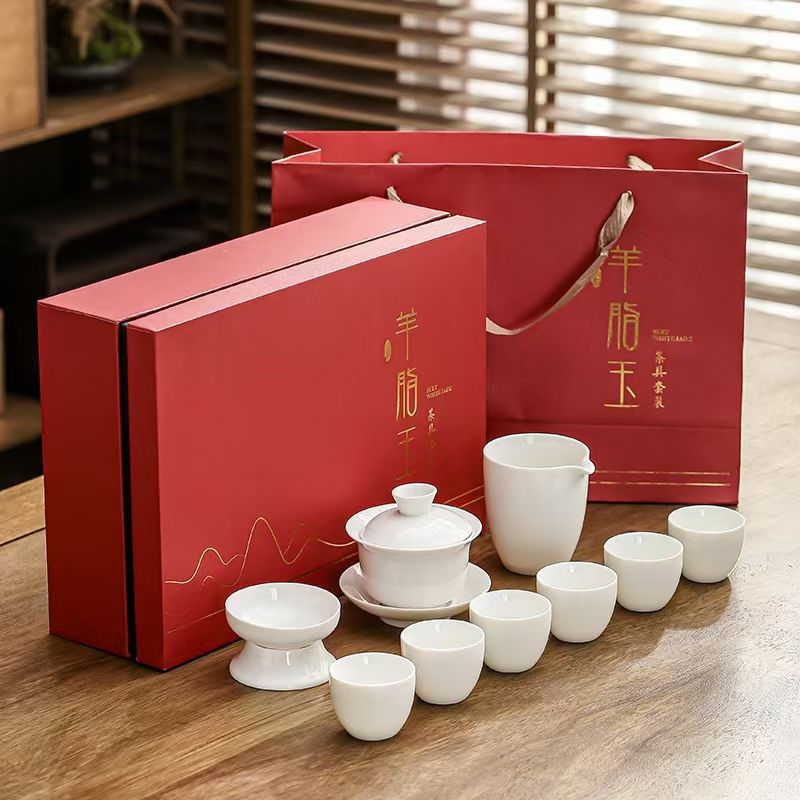 德化羊脂玉瓷盖碗茶具套装 功夫茶器整套礼盒商务定制