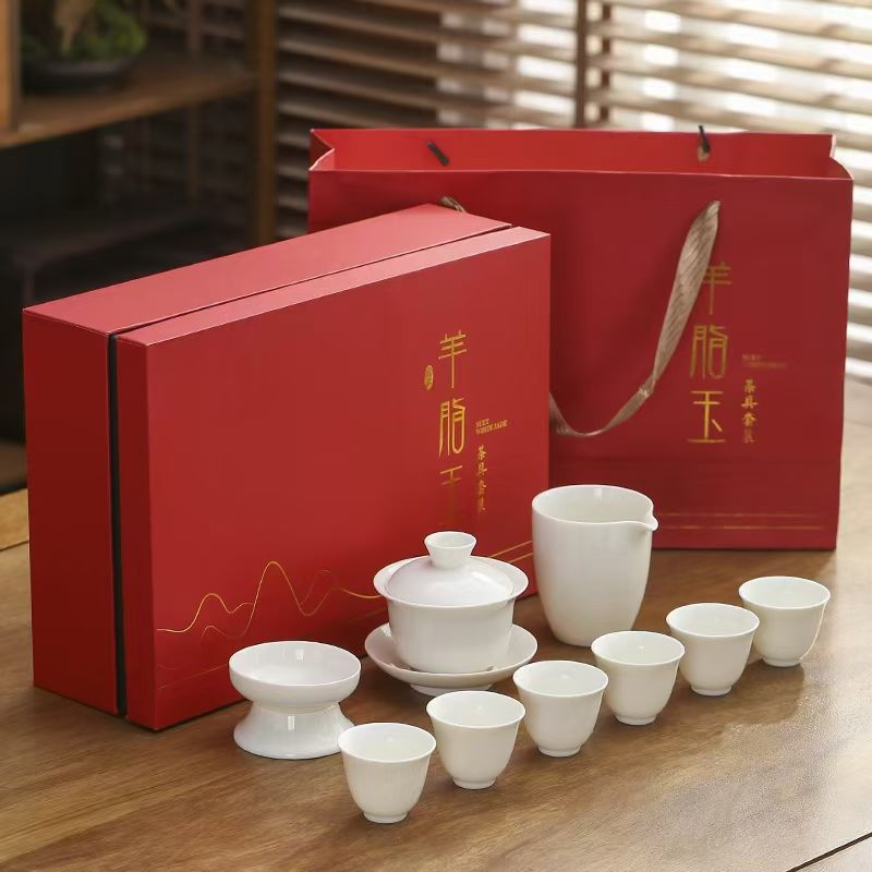 德化羊脂玉瓷盖碗茶具套装 功夫茶器整套礼盒商务定制