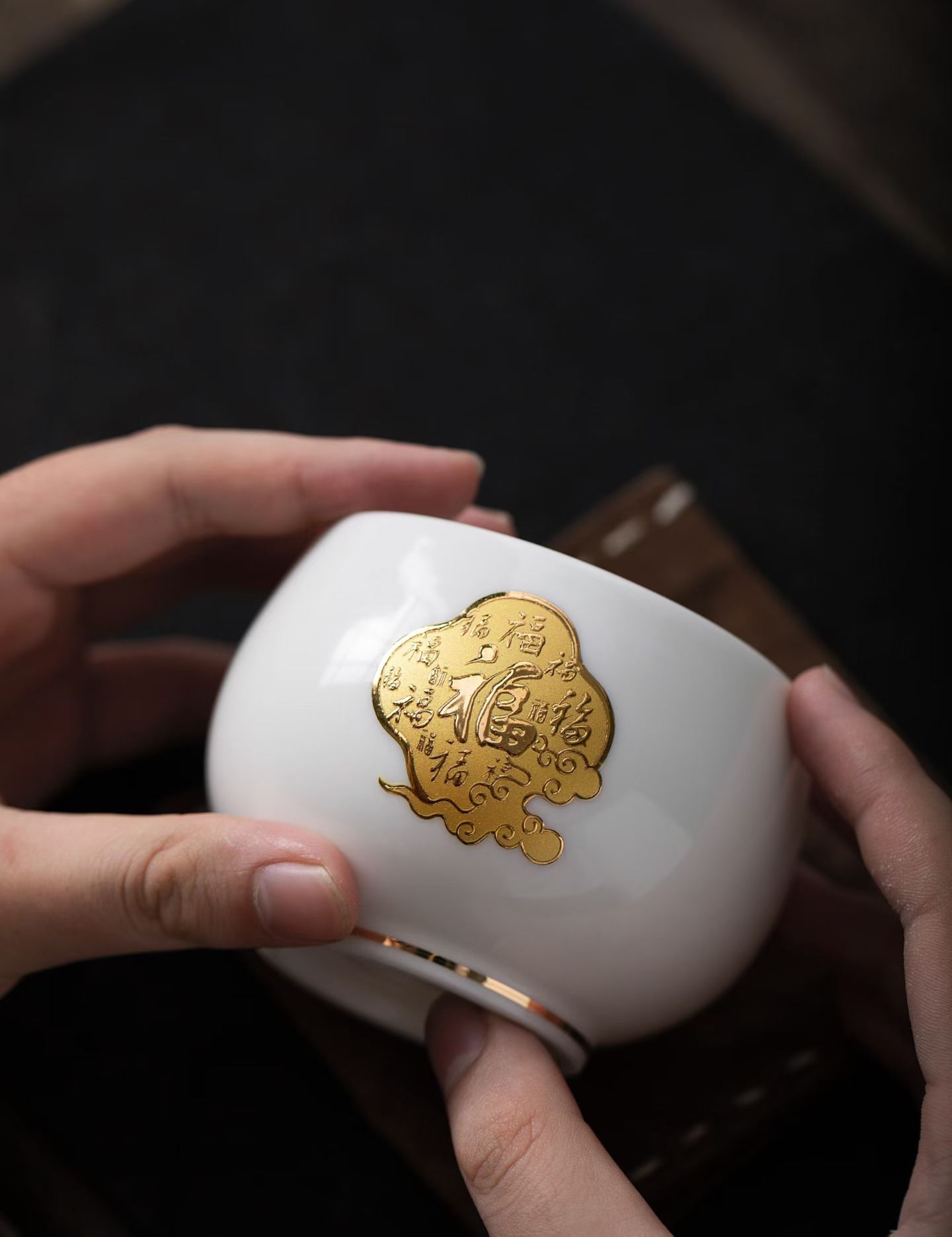 德化羊脂玉瓷五福杯 描金品茗杯功夫茶杯单杯定制