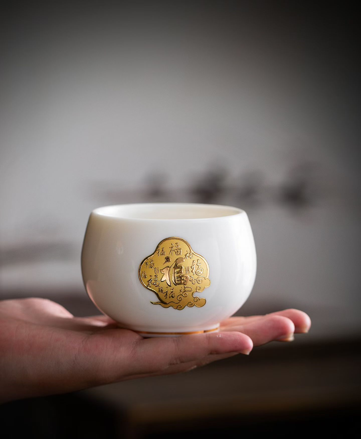 德化羊脂玉瓷五福杯 描金品茗杯功夫茶杯单杯定制
