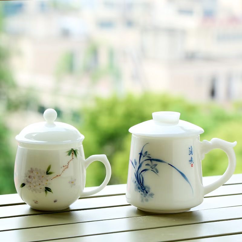 手绘青花对杯办公礼盒套装 德化陶瓷商务礼品杯定制